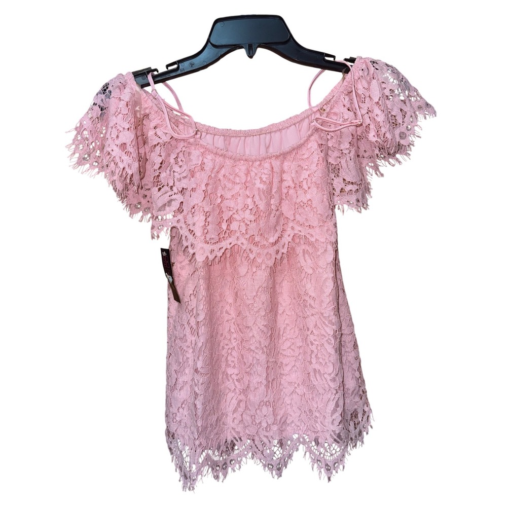 Women M Lace Off Shoulder Top Coquette Boho Fairy Feminine Summer Barbiecore Y2K - Picture 3 of 6
